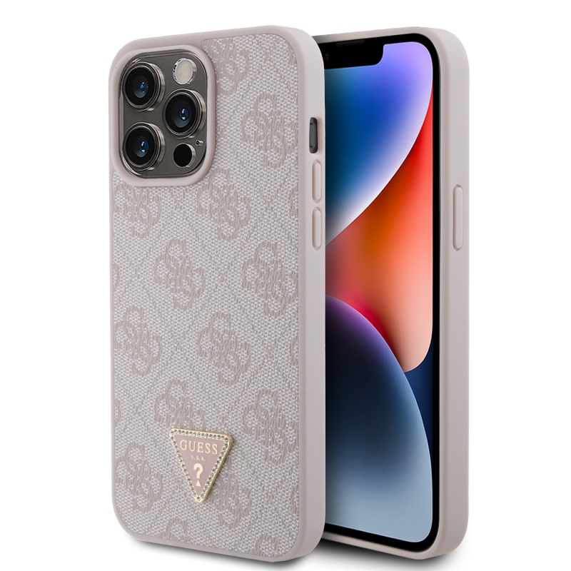 Guess PU 4G Strass háromszög fém logó hátlap iPhone 15 Pro Max rózsaszínűre