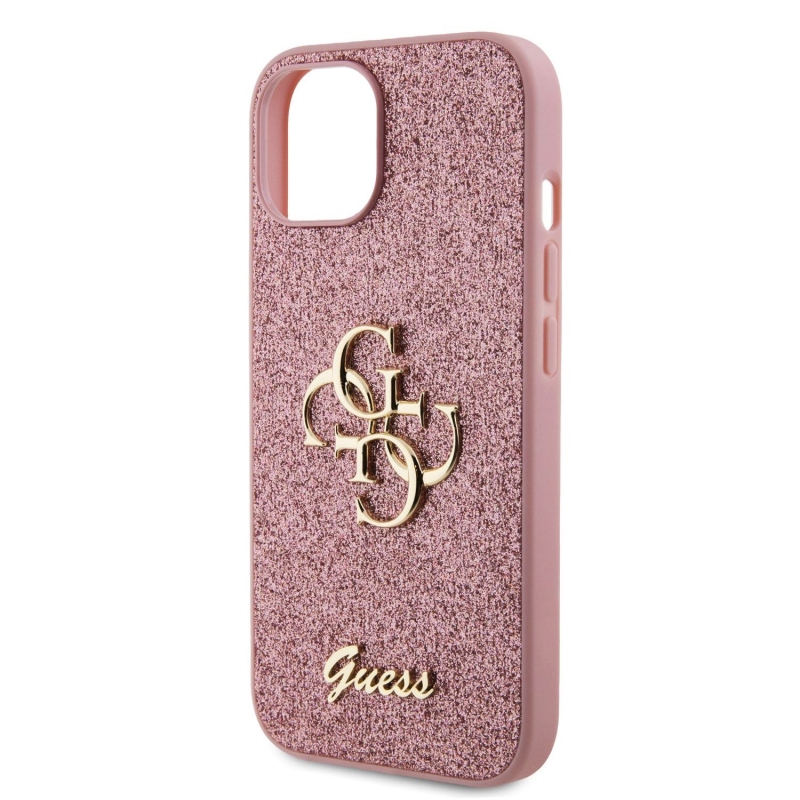 Guess PU Fixed Glitter 4G fém logós hátlap iPhone 15 rózsaszínhez
