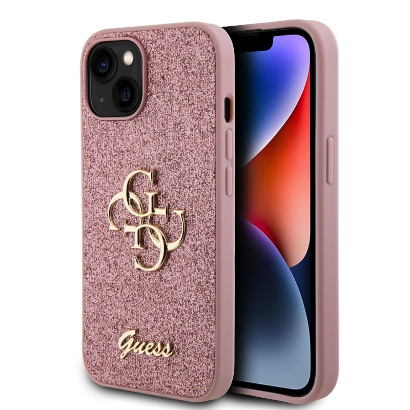 Guess PU Fixed Glitter 4G fém logós hátlap iPhone 15 rózsaszínhez