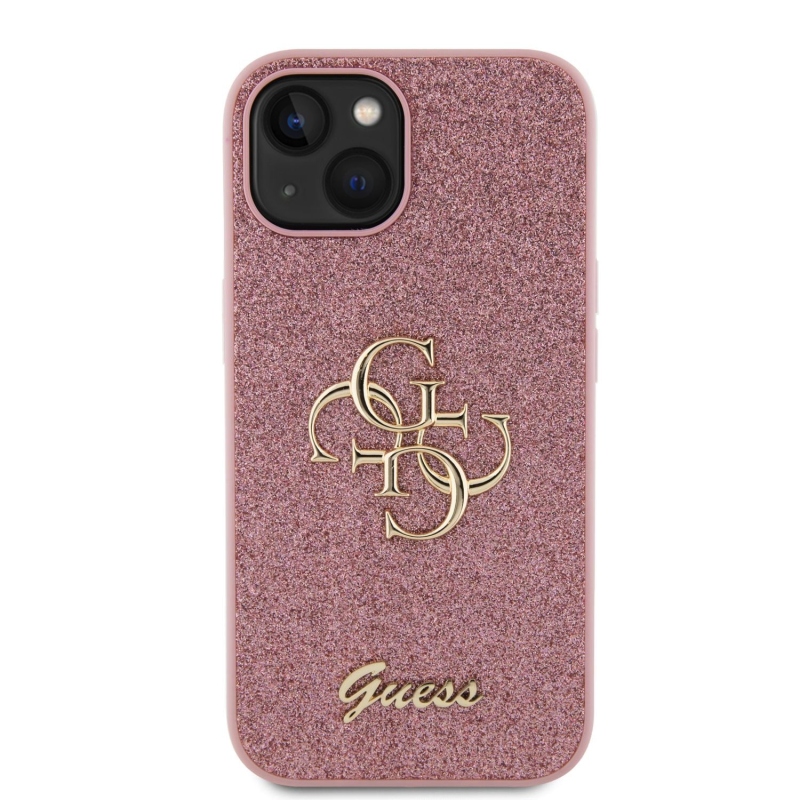 Guess PU Fixed Glitter 4G fém logós hátlap iPhone 15 rózsaszínhez