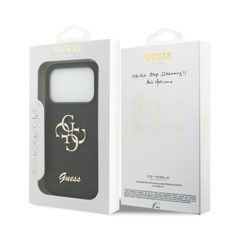 Guess PU Fixed Glitter 4G fém logós hátlap az iPhone 18 Pro-hoz, fekete