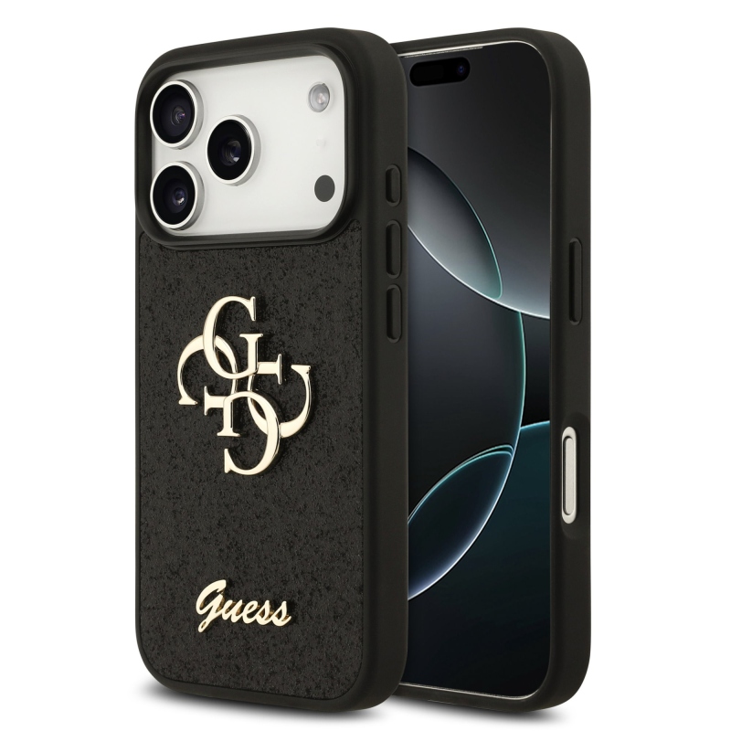 Guess PU Fixed Glitter 4G fém logós hátlap az iPhone 18 Pro-hoz, fekete
