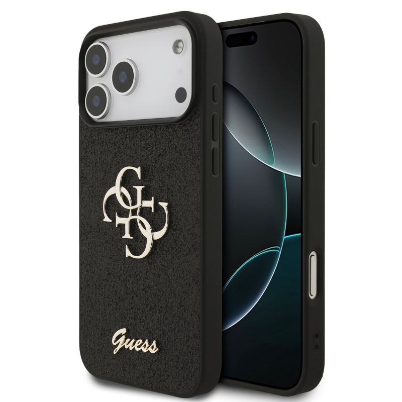 Guess PU Fixed Glitter 4G fém logós hátlap az iPhone 18 Pro Max-hoz, fekete