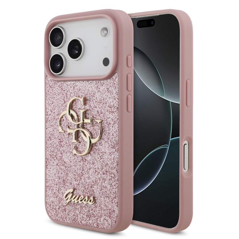 Guess PU Fixed Glitter 4G fém logós hátlap az iPhone 18 Pro-hoz, rózsaszín