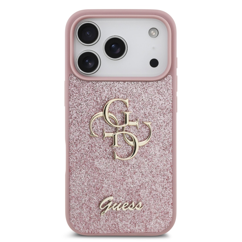 Guess PU Fixed Glitter 4G fém logós hátlap az iPhone 18 Pro-hoz, rózsaszín