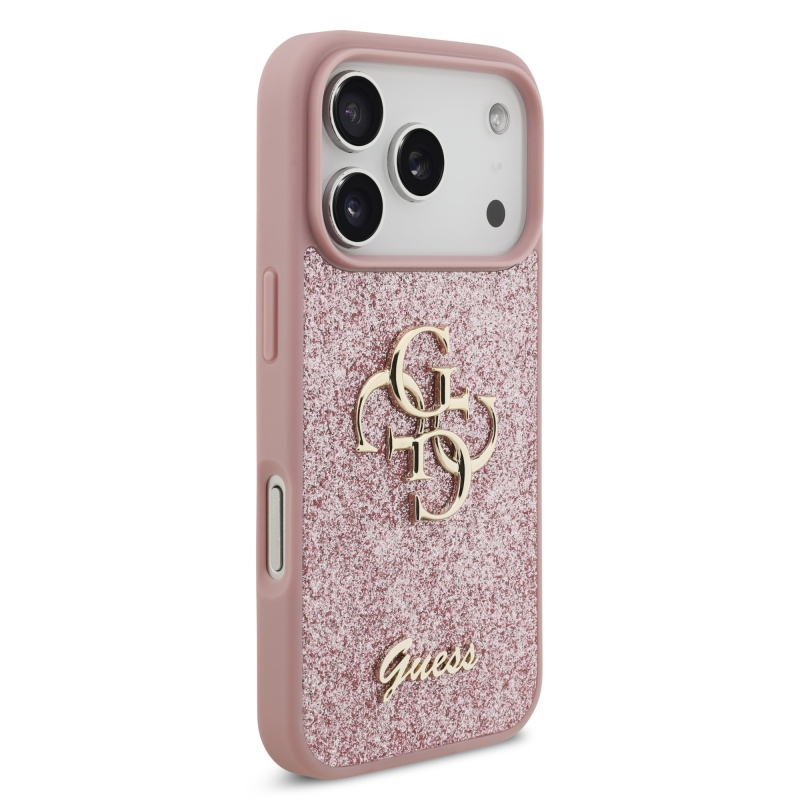 Guess PU Fixed Glitter 4G fém logós hátlap az iPhone 18 Pro-hoz, rózsaszín