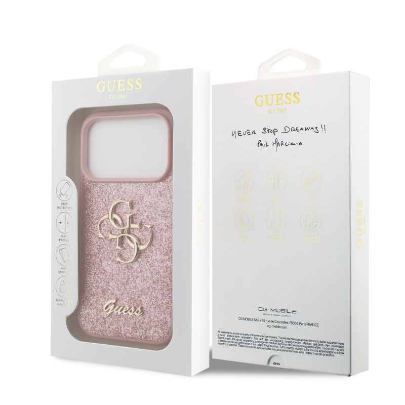 Guess PU Fixed Glitter 4G fém logós hátlap az iPhone 18 Pro-hoz, rózsaszín