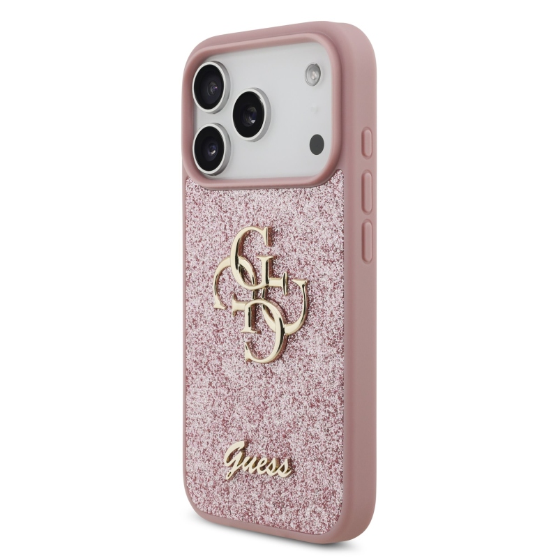 Guess PU Fixed Glitter 4G fém logós hátlap az iPhone 18 Pro-hoz, rózsaszín