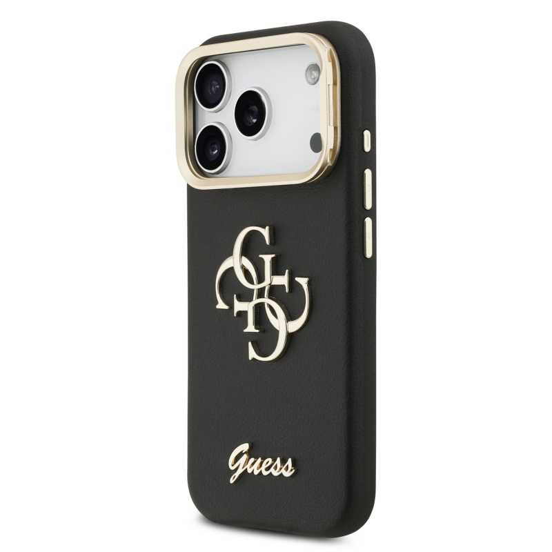 Guess PU szemcsés 4G Logo Stand Kamera keret hátlapi borító iPhone 17 Pro Fekete