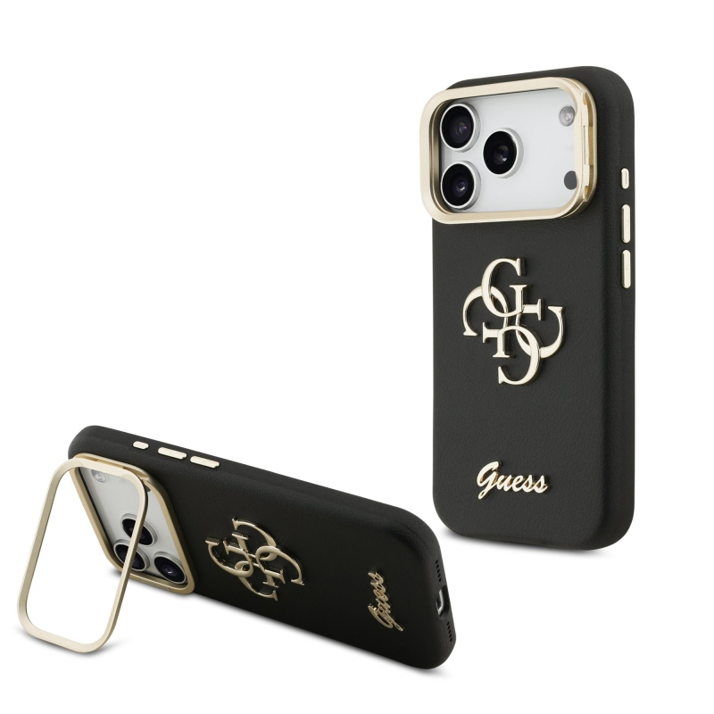 Guess PU szemcsés 4G Logo Stand Kamera keret hátlapi borító iPhone 17 Pro Fekete