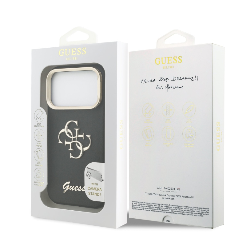 Guess PU szemcsés 4G Logo Stand Kamera keret hátlapi borító iPhone 17 Pro Fekete