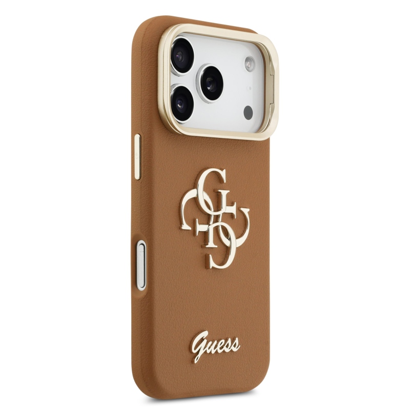 Guess PU szemcsés 4G Logo Stand Kamera keret hátlapi borító iPhone 17 Pro barna barna