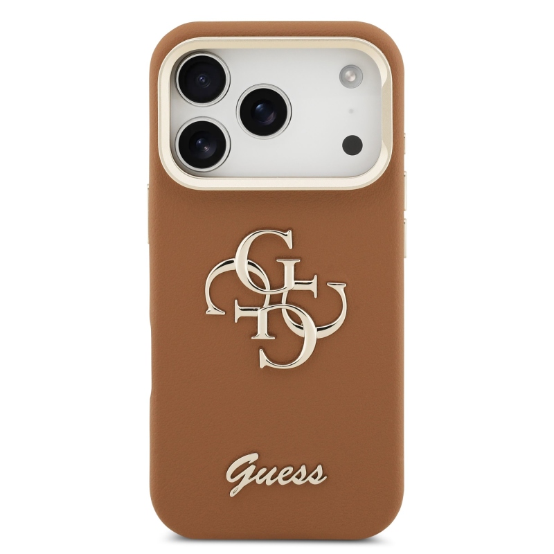 Guess PU szemcsés 4G Logo Stand Kamera keret hátlapi borító iPhone 17 Pro barna barna
