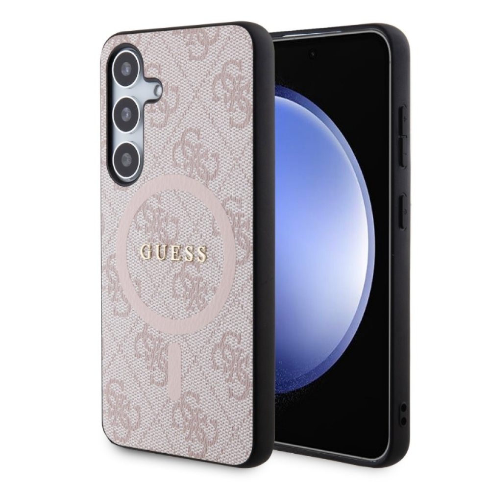 Guess PU bőr 4G színes gyűrűs MagSafe hátlap Samsung Galaxy S24 rózsaszínű borítóhoz