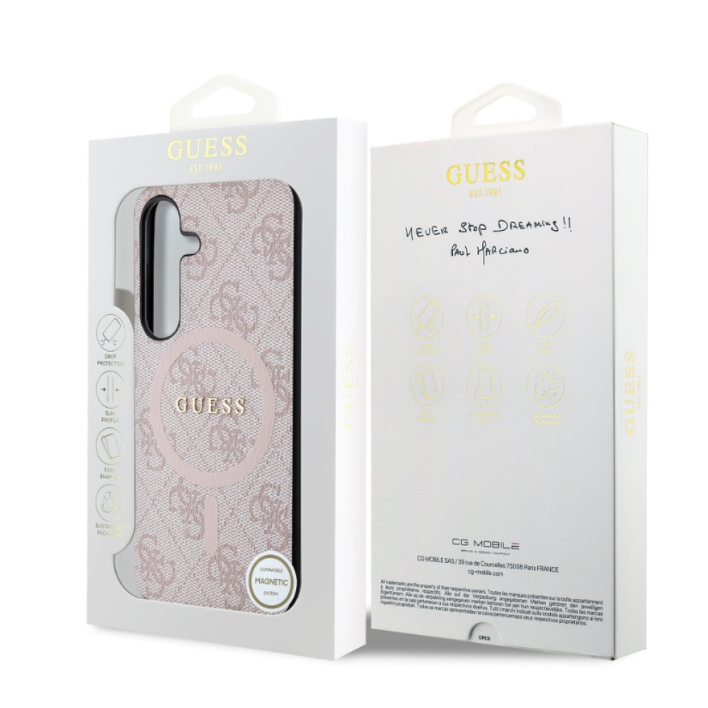 Guess PU bőr 4G színes gyűrűs MagSafe hátlap Samsung Galaxy S24 rózsaszínű borítóhoz