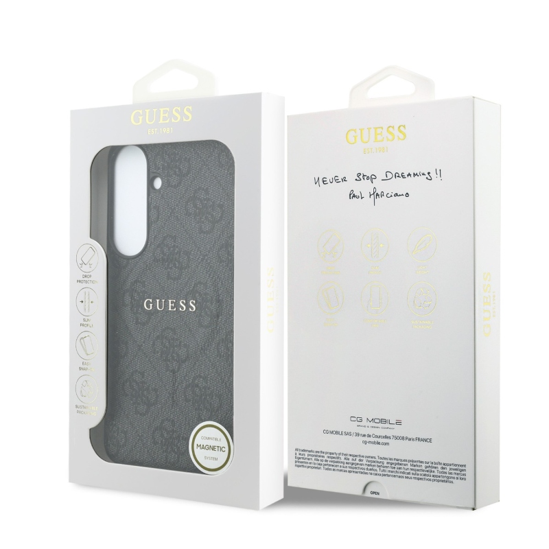 Guess PU bőr 4G aranykeretes mágneses hátlap a Samsung Galaxy S26 FE-hez, fekete