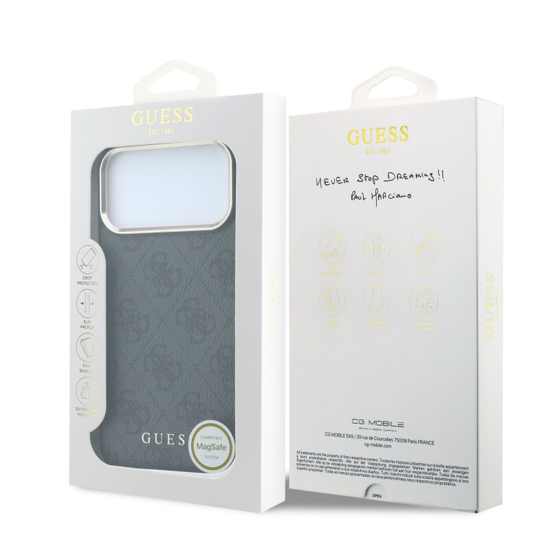 Guess PU bőr 4G aranykeretes MagSafe hátsó tok iPhone 18 Pro-hoz, fekete