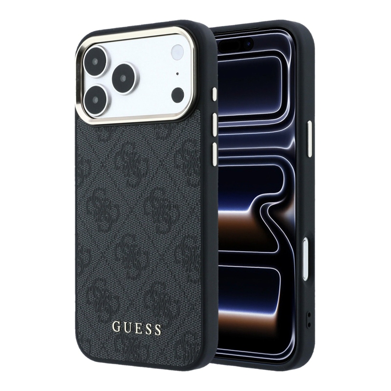 Guess PU bőr 4G aranykeretes MagSafe hátsó tok iPhone 18 Pro-hoz, fekete