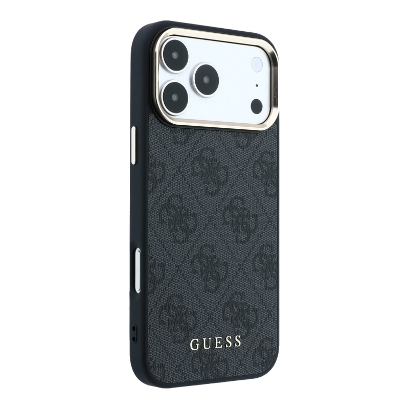 Guess PU bőr 4G aranykeretes MagSafe hátsó tok iPhone 18 Pro-hoz, fekete