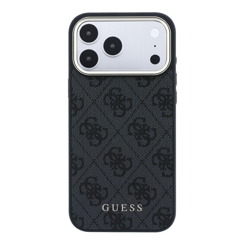 Guess PU bőr 4G aranykeretes MagSafe hátsó tok iPhone 18 Pro-hoz, fekete