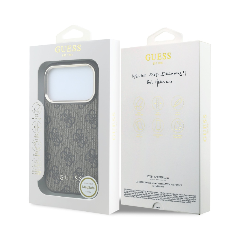 Guess PU bőr 4G aranykeretes MagSafe hátlap az iPhone 18 Pro-hoz, barna