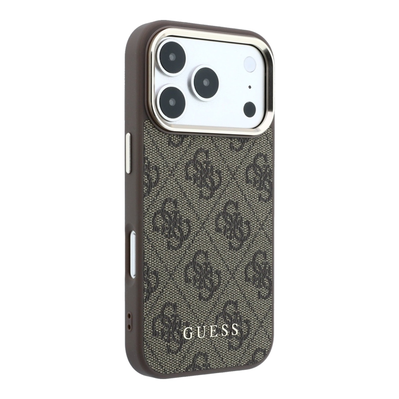 Guess PU bőr 4G aranykeretes MagSafe hátlap az iPhone 18 Pro-hoz, barna