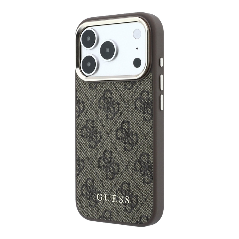 Guess PU bőr 4G aranykeretes MagSafe hátlap az iPhone 18 Pro-hoz, barna