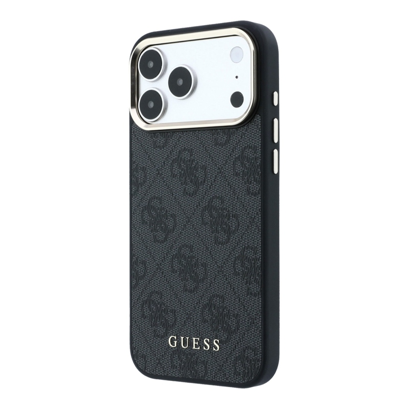 Guess PU bőr 4G aranykeretes MagSafe hátsó tok iPhone 18 Pro Max-hoz, fekete