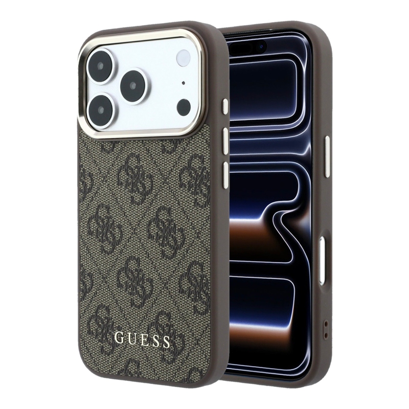 Guess PU bőr 4G aranykeretes MagSafe hátsó tok iPhone 18 Pro Max-hoz, barna
