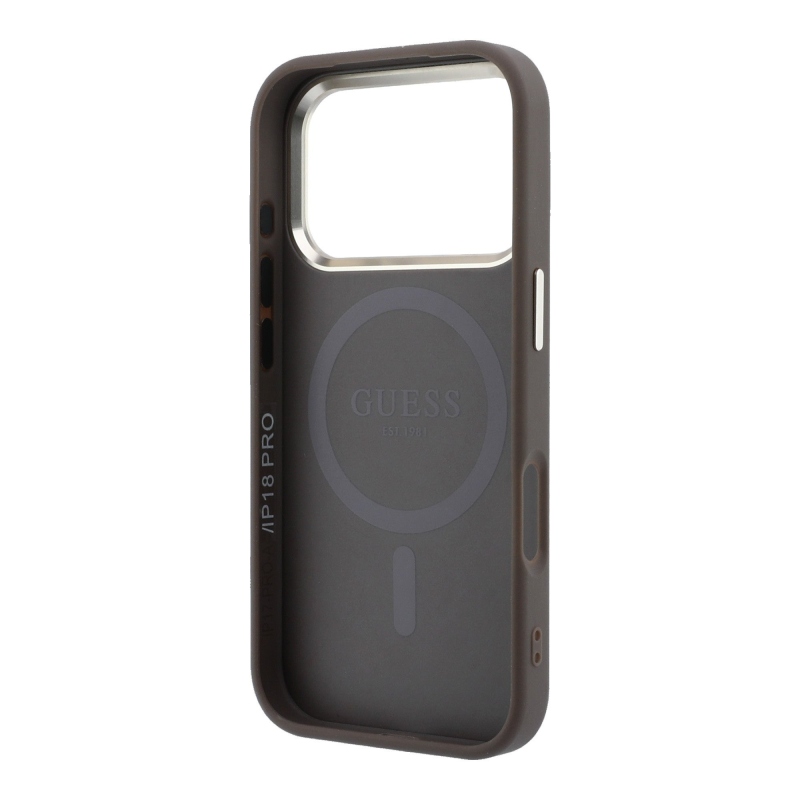 Guess PU bőr 4G aranykeretes MagSafe hátsó tok iPhone 18 Pro Max-hoz, barna