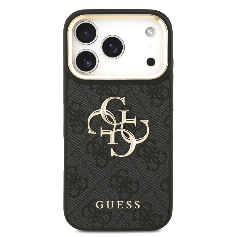 Guess PU bőr 4G fém logós aranykeretes hátlap az iPhone 18 Pro-hoz, fekete