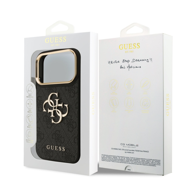 Guess PU bőr 4G fém logós aranykeretes hátlap az iPhone 18 Pro-hoz, fekete
