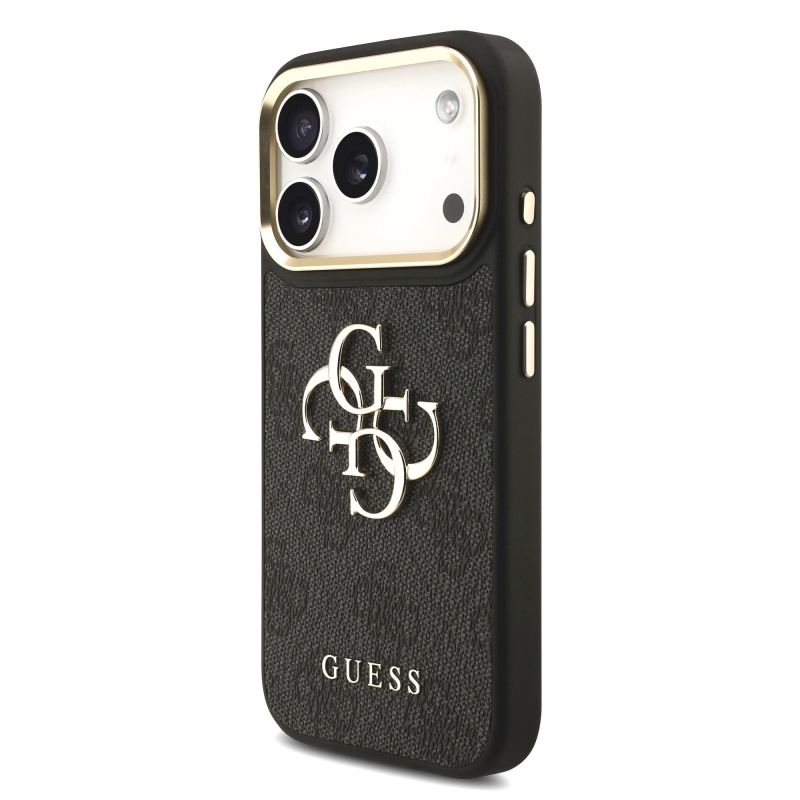 Guess PU bőr 4G fém logós aranykeretes hátlap az iPhone 18 Pro-hoz, fekete