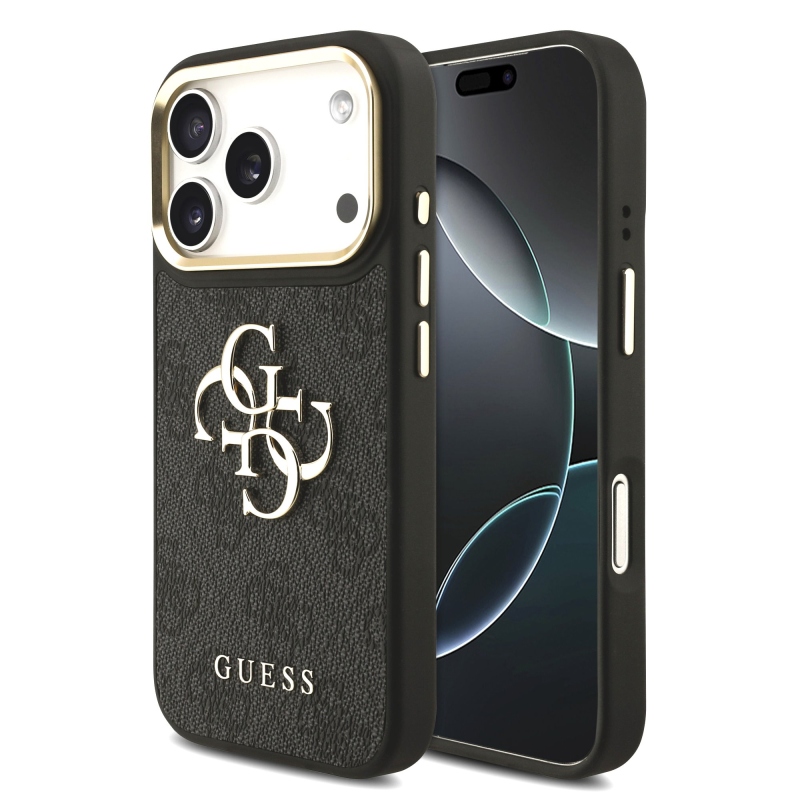 Guess PU bőr 4G fém logós aranykeretes hátlap az iPhone 18 Pro-hoz, fekete