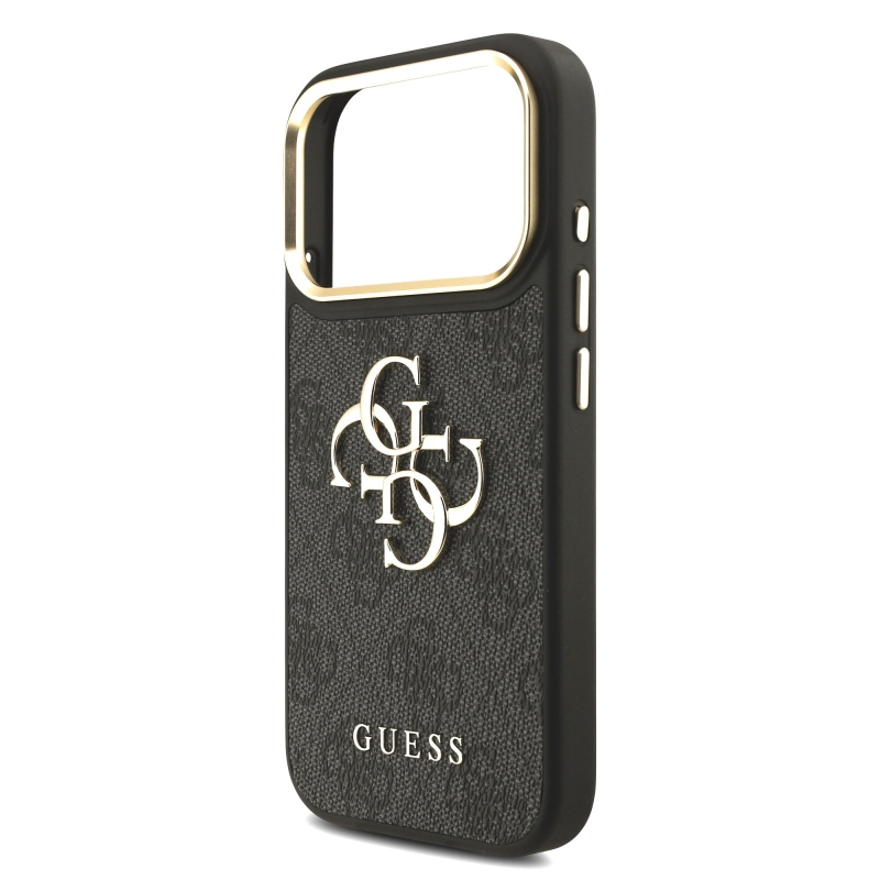 Guess PU bőr 4G fém logós aranykeretes hátlap az iPhone 18 Pro-hoz, fekete
