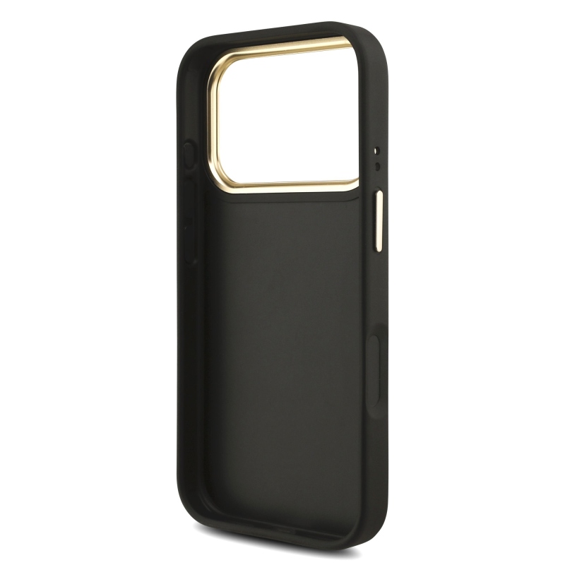 Guess PU bőr 4G fém logós aranykeretes hátlap az iPhone 18 Pro-hoz, fekete