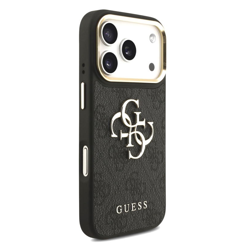 Guess PU bőr 4G fém logós aranykeretes hátlap az iPhone 18 Pro-hoz, fekete