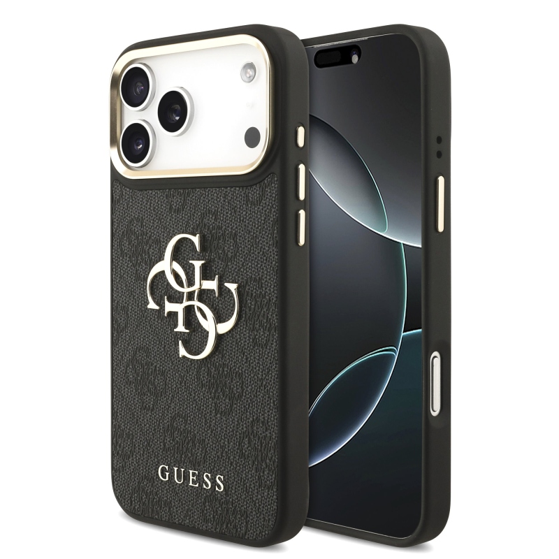Guess PU bőr 4G fém logós aranykeretes hátsó tok iPhone 18 Pro Max-hoz, fekete