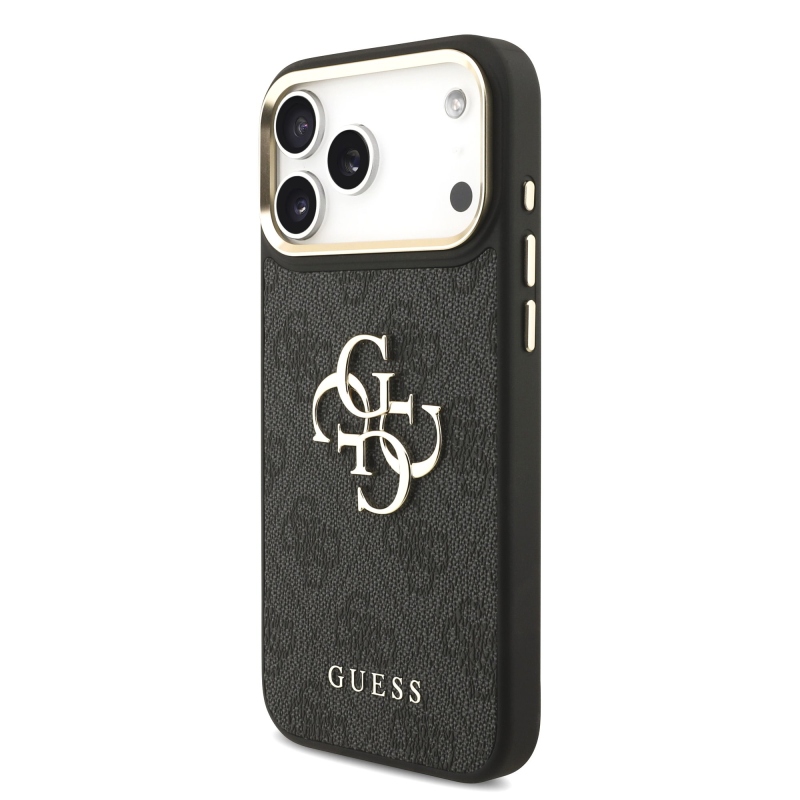 Guess PU bőr 4G fém logós aranykeretes hátsó tok iPhone 18 Pro Max-hoz, fekete