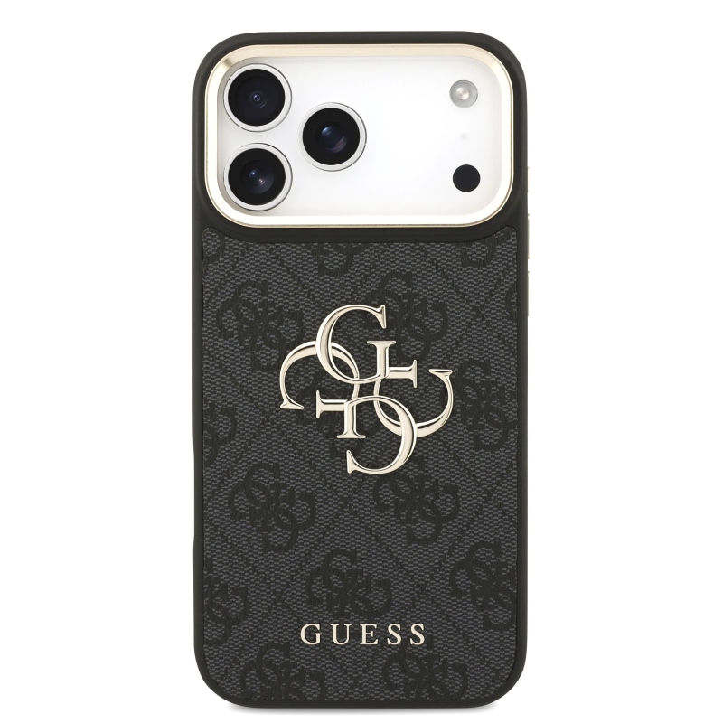 Guess PU bőr 4G fém logós aranykeretes hátsó tok iPhone 18 Pro Max-hoz, fekete