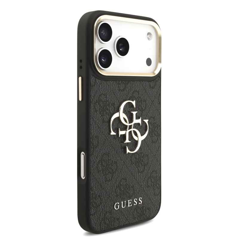 Guess PU bőr 4G fém logós aranykeretes hátsó tok iPhone 18 Pro Max-hoz, fekete