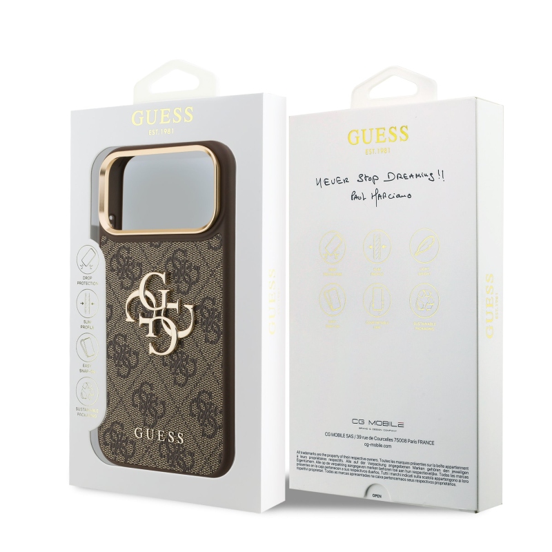 Guess PU bőr 4G fém logós aranykeretes hátlap az iPhone 18 Pro Max-hoz, barna