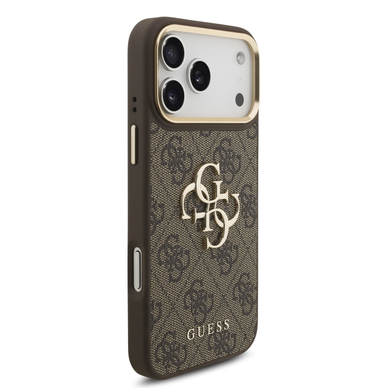 Guess PU bőr 4G fém logós aranykeretes hátlap az iPhone 18 Pro Max-hoz, barna