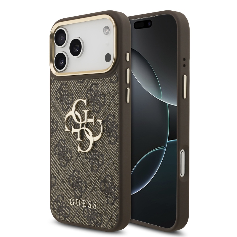 Guess PU bőr 4G fém logós aranykeretes hátlap az iPhone 18 Pro Max-hoz, barna