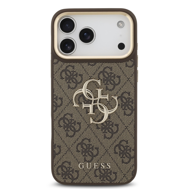 Guess PU bőr 4G fém logós aranykeretes hátlap az iPhone 18 Pro Max-hoz, barna