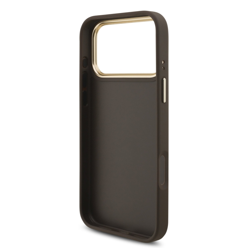 Guess PU bőr 4G fém logós aranykeretes hátlap az iPhone 18 Pro Max-hoz, barna