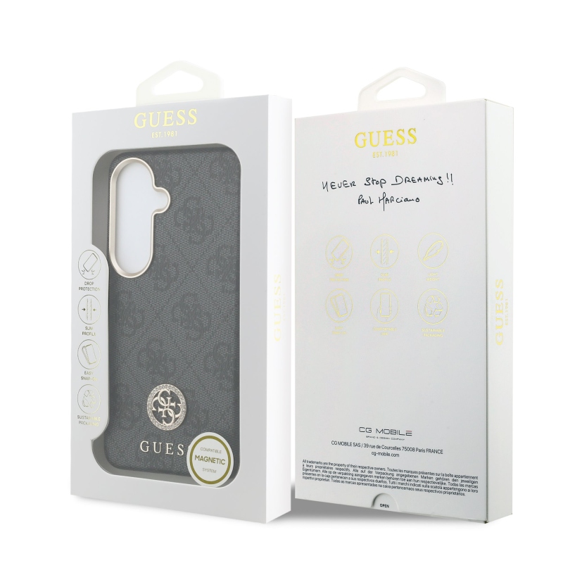 Guess PU bőr 4G Strass Logo arany keret mágneses hátlap Samsung Galaxy S26 fekete