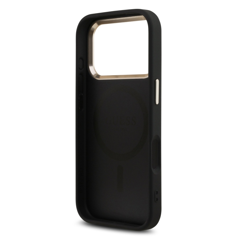 Guess PU bőr 4G strassz háromszög logóval, arany kerettel ellátott MagSafe hátlap az iPhone 18 Pro-hoz, fekete