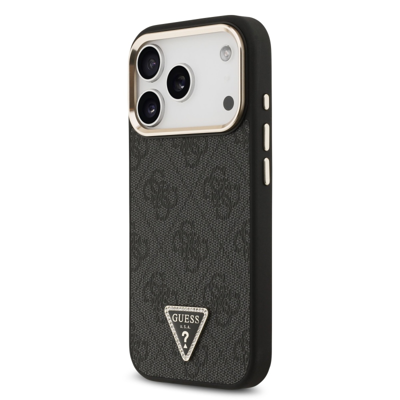 Guess PU bőr 4G strassz háromszög logóval, arany kerettel ellátott MagSafe hátlap az iPhone 18 Pro-hoz, fekete