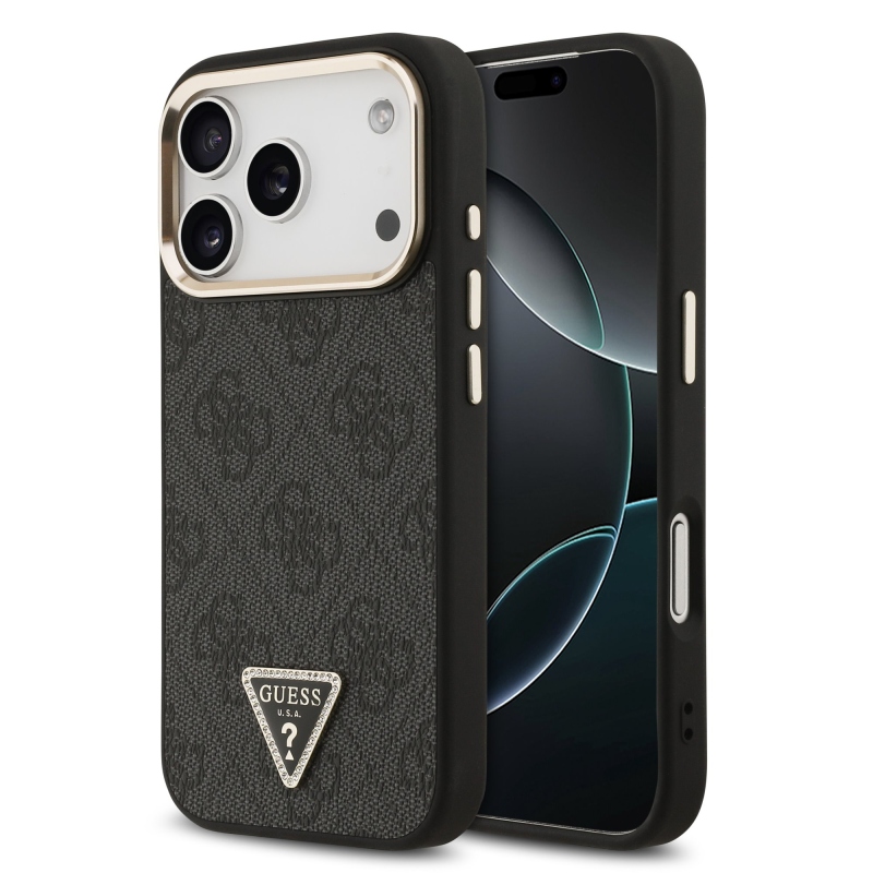 Guess PU bőr 4G strassz háromszög logóval, arany kerettel ellátott MagSafe hátlap az iPhone 18 Pro-hoz, fekete
